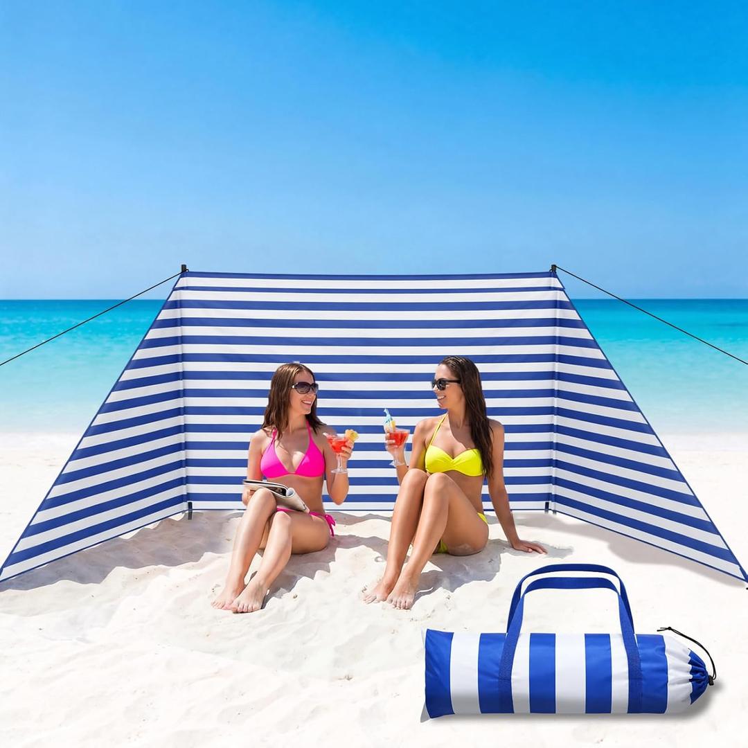 Tigeen 15 x 4.6 ft Beach Wind Screen Set Wind Blocker Sunbathing Privacy Screen Stripe with with 2 Metal Pole Ground Stake Carry Bag Portable Beach Windscreen for Summer Sand Outdoor Protection Sport