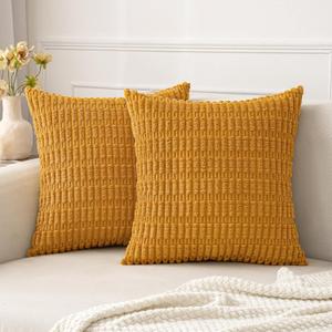 MIULEE Pack of 2 Corduroy Decorative Throw Pillow Covers 20x20 Inch Soft Boho Striped Pillow Covers Modern Farmhouse Home Decor for Sofa Living Room Couch Bed Gold Yellow (20" x 20" (Pack of 2))