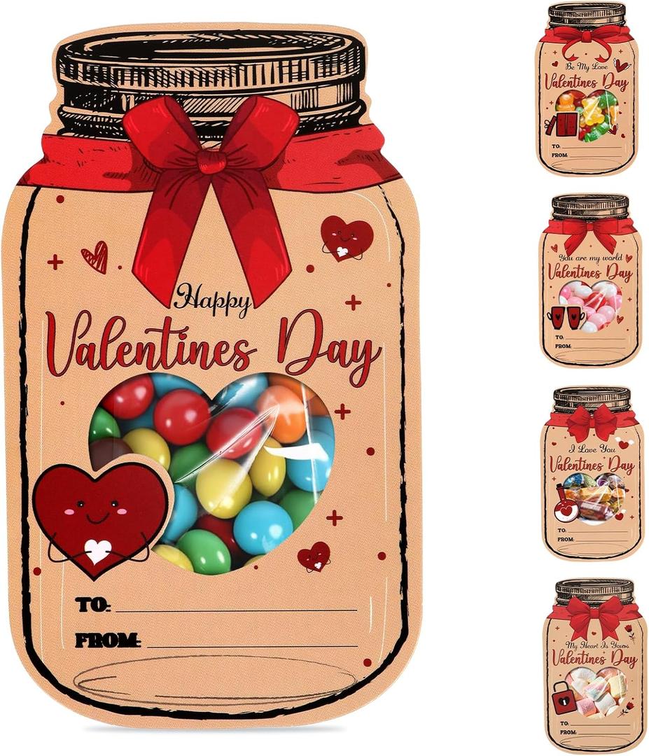 Valentines Day Cards for Kids School, 50 Pack Mason Jar Valentine Gift with Treat Bags, Funny Valentine Classroom Exchange Cards for Boys Girls Class Classroom Party Favors Friends(Candy Not Included)