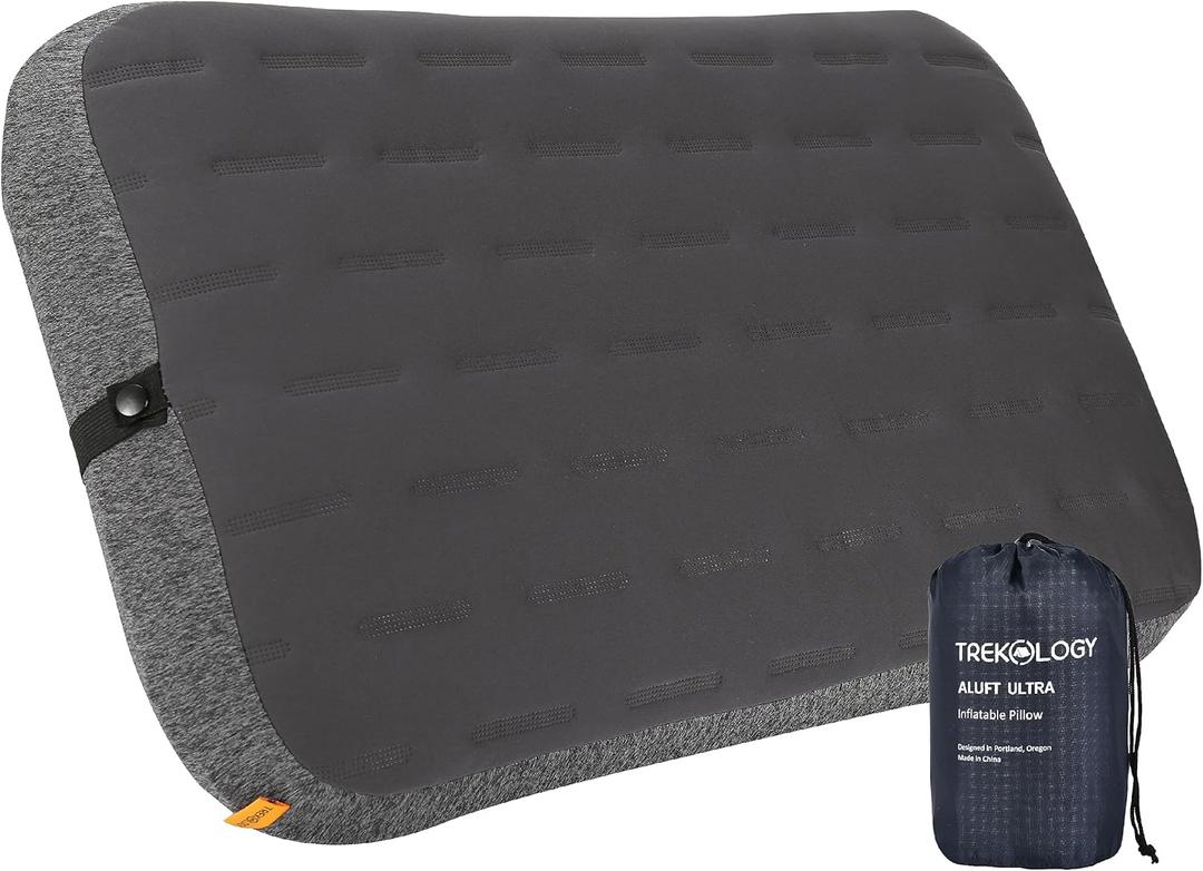 TREKOLOGY Camping Pillow - Large Inflatable (24"x15") for Home-Like Comfort, Portable & Ergonomic, Easy to Clean, Durable & Leak-Proof, Removable Strap for Secure Fit ALUFT Ultra (Grey)
