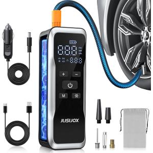 Tire Inflator Portable Air Compressor, Air Pump for Car Tires 150PSI Cordless with Battery and 12V DC, Electric Bike Pump with Pressure Gauge, Auto Shutoff, for Ball, Motorcycle Accessories (Black)