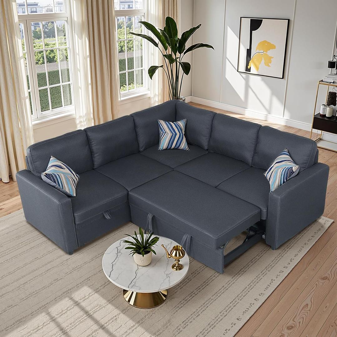 Sleeper Sofa Couch with Pull Out Bed, L Shaped Couch Bed with Storage, Sectional Sleep Couches, Convertible Sleeper Sofa Beds W/Reversible Chaise&Back Cushion for Living Room, Grey (5 Seats)