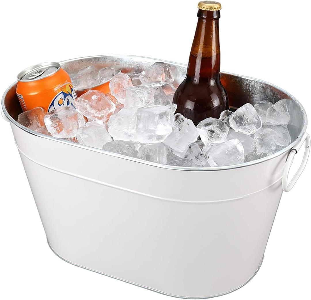 1PC Galvanized Tub Ice Bucket for Parties, Thick Metal Galvanized Drink Buckets, Beverage Tub with Handles, Drink Bucket for Indoor & Outdoor Party (White)