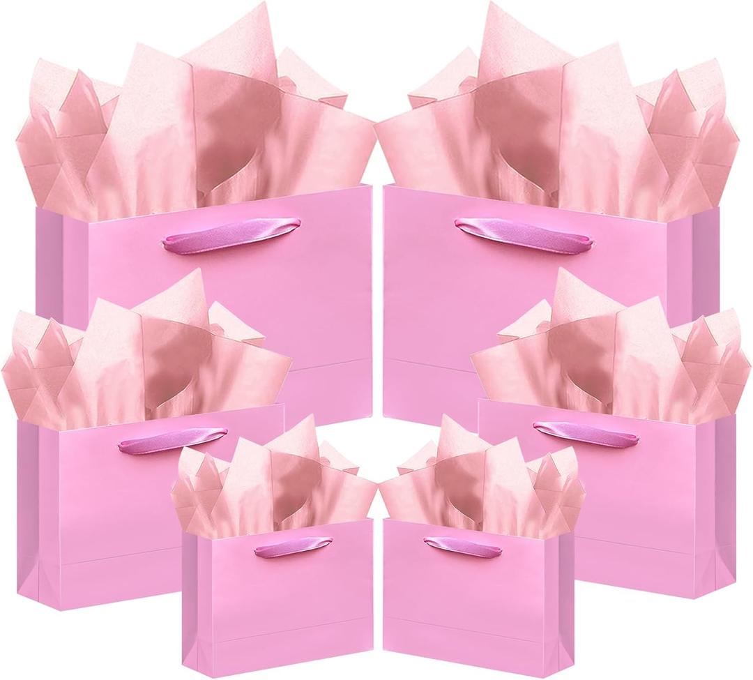 qiqee 10PCS Pink Gift Bags with Ribbon Handles Mulit Assorted Sizes Gift Wide Bags (2pcs Large 13", 4pcs Medium 9.6", 4pcs Small 6.3"22pcs Tissue Paper)