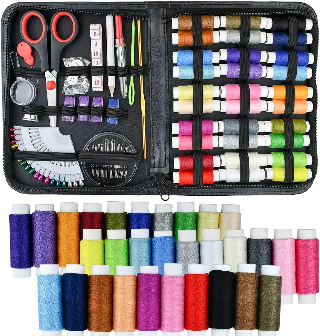 Sewing Kit, 100 Pcs Portable Mini Sewing Kit for Home Travel Sewing Accessories with 30 Color Thread, Tape Measure, Needles, Scissors and Other Accessories