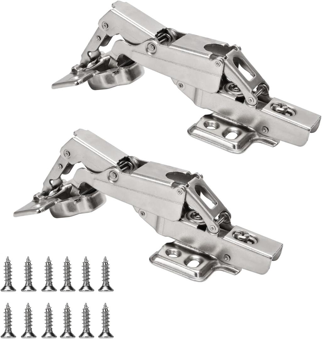 BADALU 165 Degree Kitchen Cabinet Hinges (1 Pair, 2 PCS) Concealed Hydraulic Adjustable Mounting, Soft Closing Nickel-Plated Steel Buffer Dampers for Frameless Cabinet Doors(Fixed Half Overlay)