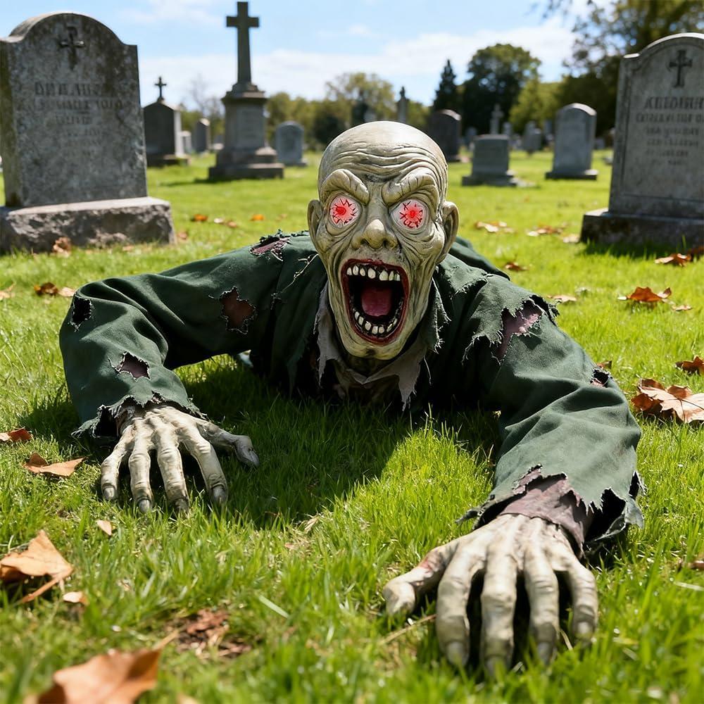 Halloween Animated Zombies Outdoor Decorations, Voice Activated Prop with Glowing Eyes, Swaying Motion & Bloodcurdling Shriek Sound for Yard, Lawn, Patio, Garden, Haunted House Party Prank Decor