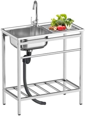Vivrhintty Free Standing Kitchen Sink with Workbench, Stainless Steel Utility Sink with Set for Commerical, Outdoor, Garage, Laundry Room Use (29.52"D x 15.74"W x 29.52"H)