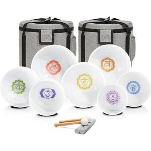 432HZ 7-12 Inch Chakra Symbol Design Frosted Quartz Crystal Singing Bowl with 2 PCS Travel Carry Case Bag for Sound Healing