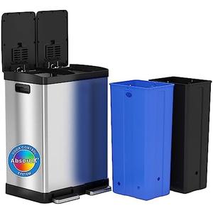 iTouchless 16 Gallon Dual Trash Can & Recycling Bin, Soft-Close Lid, Odor Filters, Stainless Steel with 2 Separated 8 Gallon/30 Liter Bins, Space-Saving Design Hands-Free Foot Pedals for Home & Office