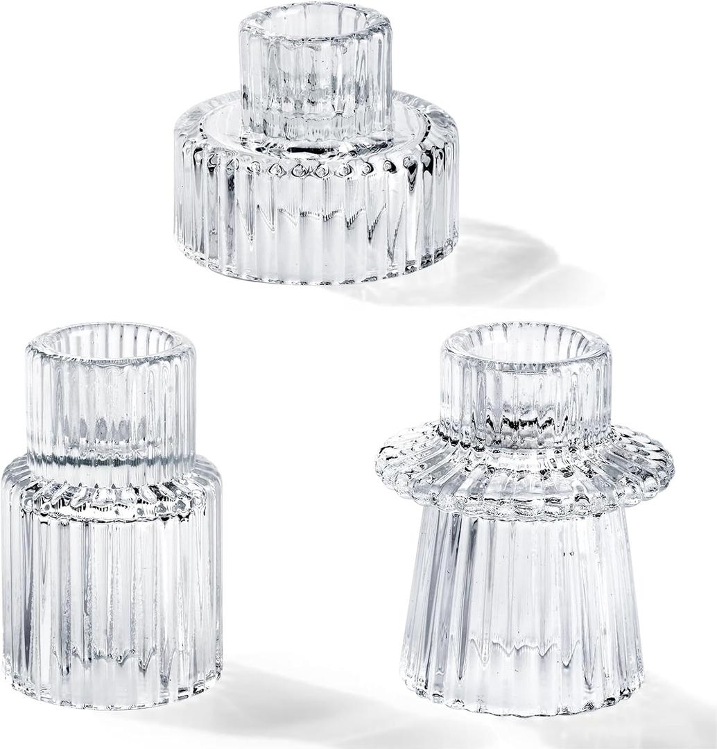 Homemory Clear Glass Candle Holders, 3 Pcs Tea Light hoders, Taper Glass Candlestick Holder, Votive Candle Holders for Table Wedding Centerpieces, Shabbat, Halloween, Home Decor, Christmas