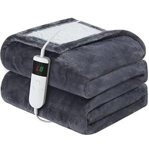  Electric Heated Blanket Throw Size 50''x60'' Soft Flannel & Sherpa Electric Blanket with 10 Heating Levels, Automatically Shut Down After 8h with Overheat Protection Machine Washable