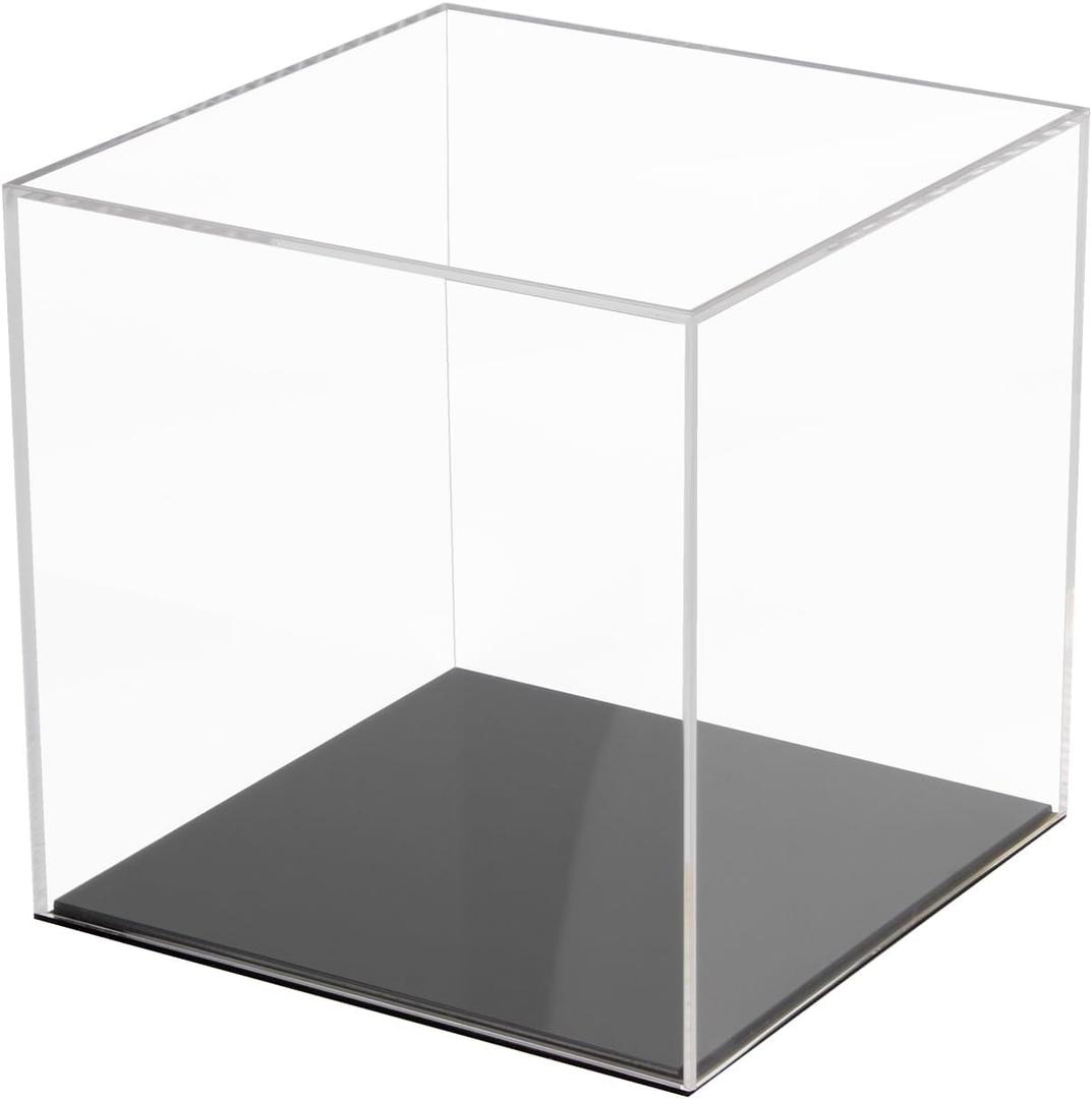 Fully Assembled Acrylic Display Case with Black Base, Clear Cube Dustproof Acrylic Display Box for Collectibles, Alternative Glass Case with Black Stand for Display, 6x6x6Inch
