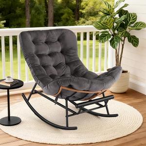 GarveeLife Rocking Chair, Papasan Chair with Detachable Polyester Cushion & Extendable Footrest, Comfy Rattan Rocking Chair for Porch Lawn Bedroom Living Room (Dark Grey)