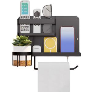 Bedside Wall Organizer Metal Shelf with Cup & Tissue Holder – Waterproof Wall Storage Rack for Dorm Room, Bathroom, Kitchen, and Office (Black)