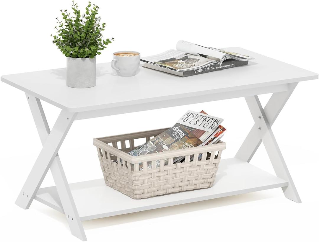 Furinno Modern Simplistic Coffee Table, 2-Tier Rectangle Modern Coffee Table with Open Shelf and X-Legs, Criss-Crossed Side Table, for Living Room, Bedroom, Home Office, White