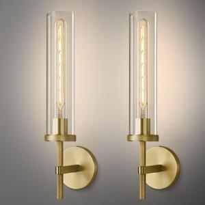 Gold Wall Sconces Set of Two, 19.48" Knurled Gold Wall Lighting with Glass Tube, Modern Brass Sconces Wall Lamp for Bedroom Living Room Bathroom Hallway Staircase & Vanity Mirror(Including Bulb) (2pack)