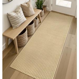 OJIA Washable Runners for Hallways 2x6 ft, Cotton Hand-Woven Kitchen Runner Rugs Beige Entryway Floor Runner Farmhouse Carpet Runners for Bathroom Doorway Laundry Living Room Indoor Outdoor