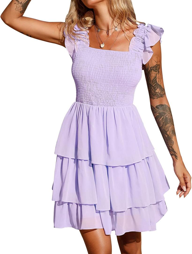 Byinns Womens Square Neck Sleeveless Ruffle Dress High Waist Backless Tiered Smocked Strappy Casual Short Mini Dresses, Medium, Purple 