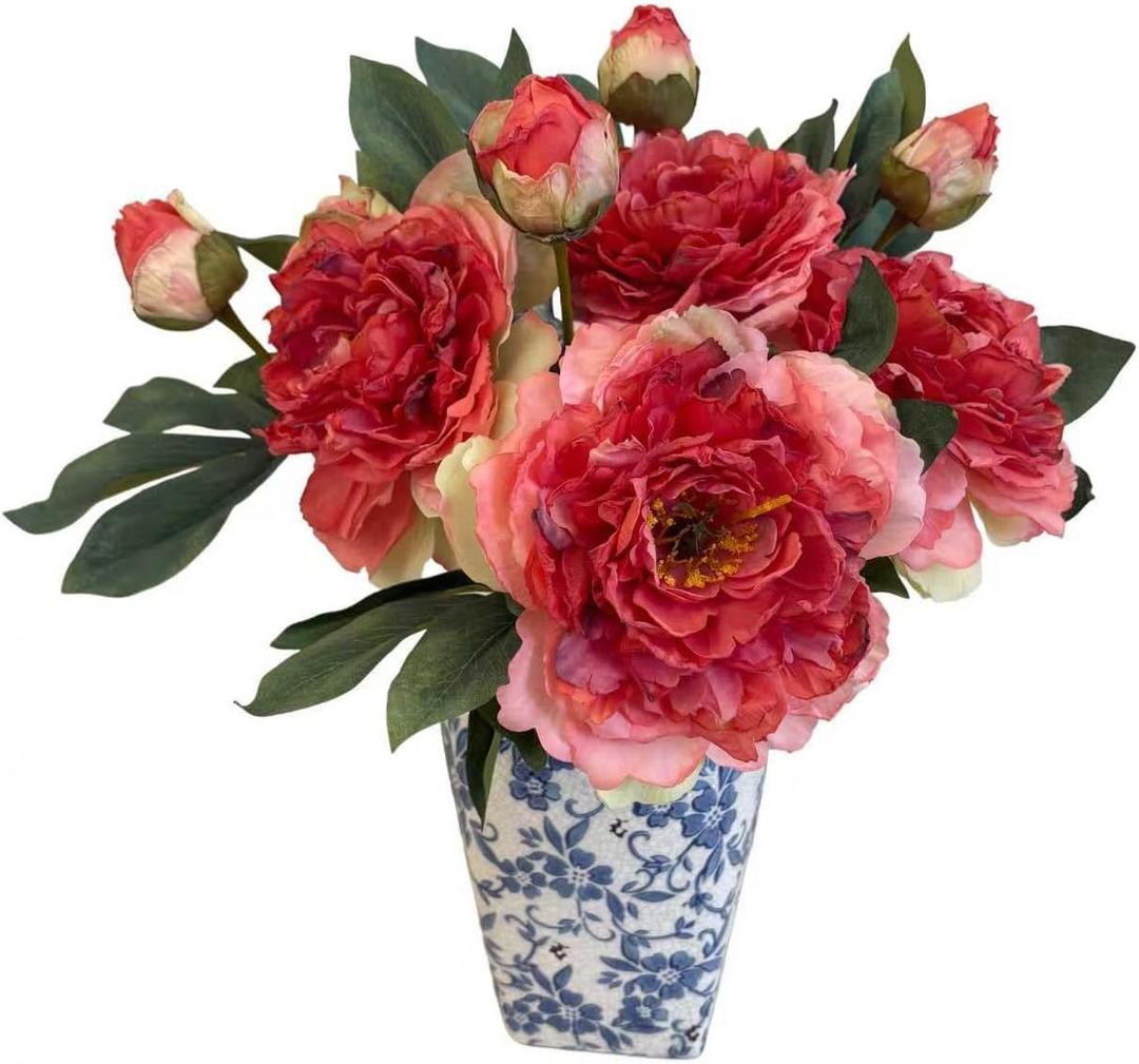 2 PCS Premium White Peonies Artificial Flowers,19.2Fake Faux Silk Peonies for Centerpieces Wedding Home Decor (2, Coral)