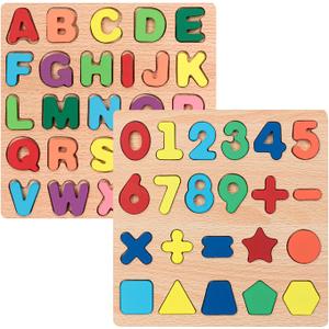 Wooden Puzzles for Toddlers, 2pack Alphabet Shape Puzzles for Kids Wooden Montessori Toddler Alphabet Number Shape for Kids 3 Years Old Boys & Girls