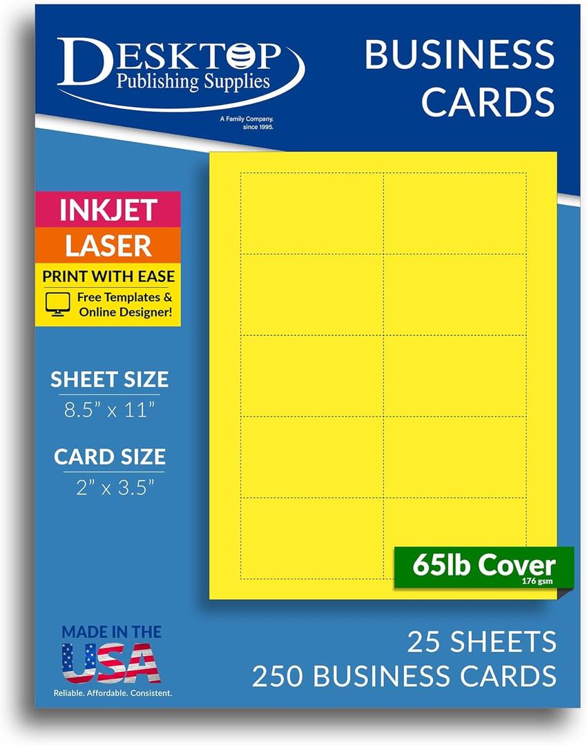 Colored Business Cards - 25 Sheets / 250 Business Cards - Inkjet & Laser - 10 per sheet (Bright Yellow)