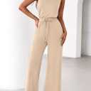 PRETTYGARDEN One Piece Jumpsuits for Women Dressy Summer Travel Outifts Casual Sleeveless Mock Neck Wide Leg Rompers(Beige,XX-Large) (Beige, XXL)