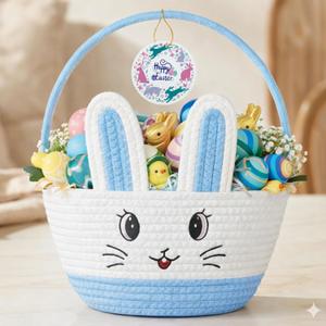 Allaugh Personalized Easter Basket for Toddler: Blue Cotton Woven Baby Easter Gift Basket - Empty Bunny Egg Baskets Large with Double Rope Handle For Girls Boys Kids