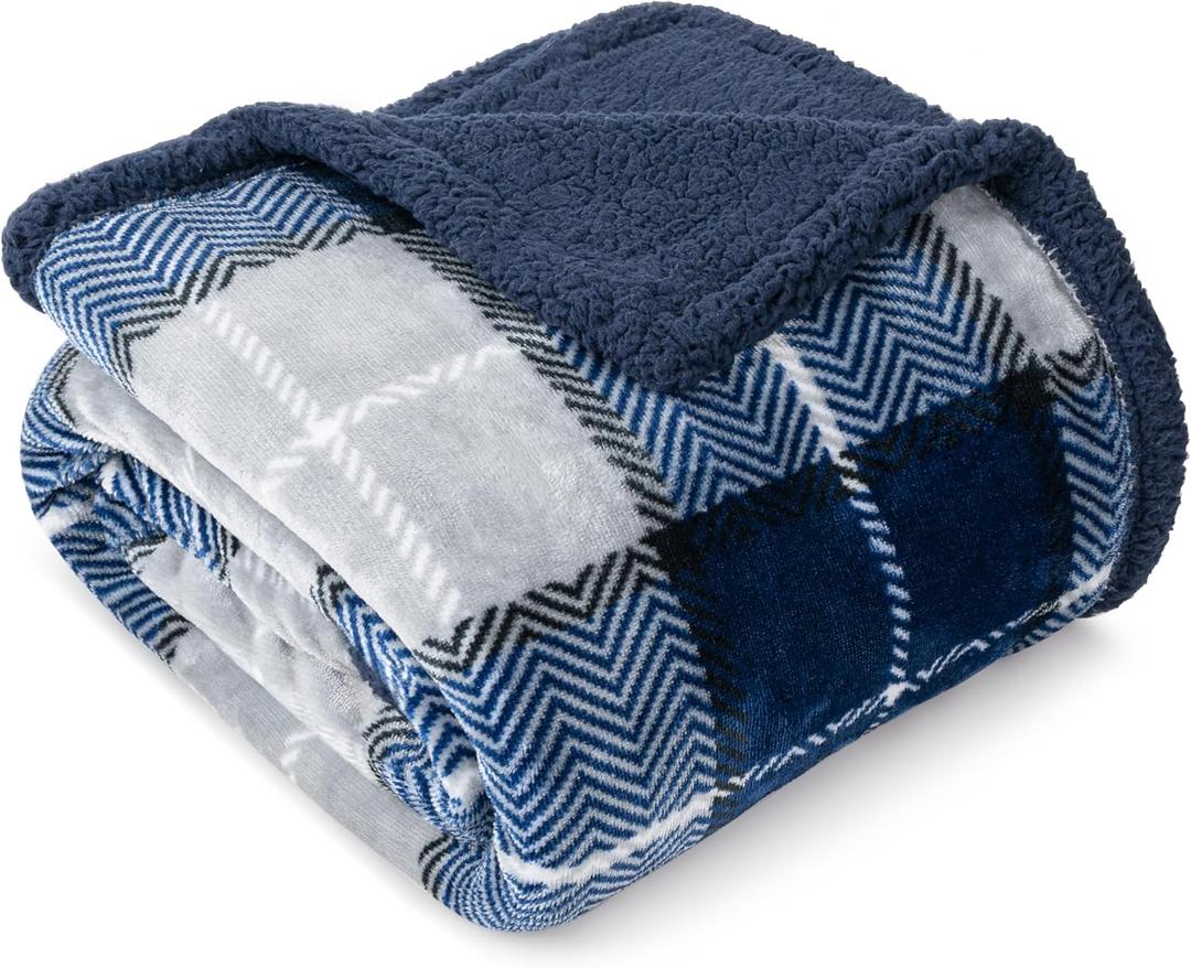 PAVILIA Blue Navy Plaid Sherpa Throw Blanket for Couch Twin, Plush Flannel Fleece, Soft Fuzzy Cabin for Sofa Bed, Warm Cozy Winter Gift, 60x80