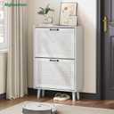 Shoe Storage Cabinet with Handmade Rattan Drawers, Freestanding Shoe Organizer Cabinet with Solid Wood Legs, Narrow Shoe Cabinet Storage for Entryway, Rustic Slim Shoe Rack Cabinet (White) (Width - 23.6 inches)