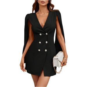 Floerns Women's V Neck Double Breasted Cape Blazer Split Sleeve Elegant Blazer Dress, Medium