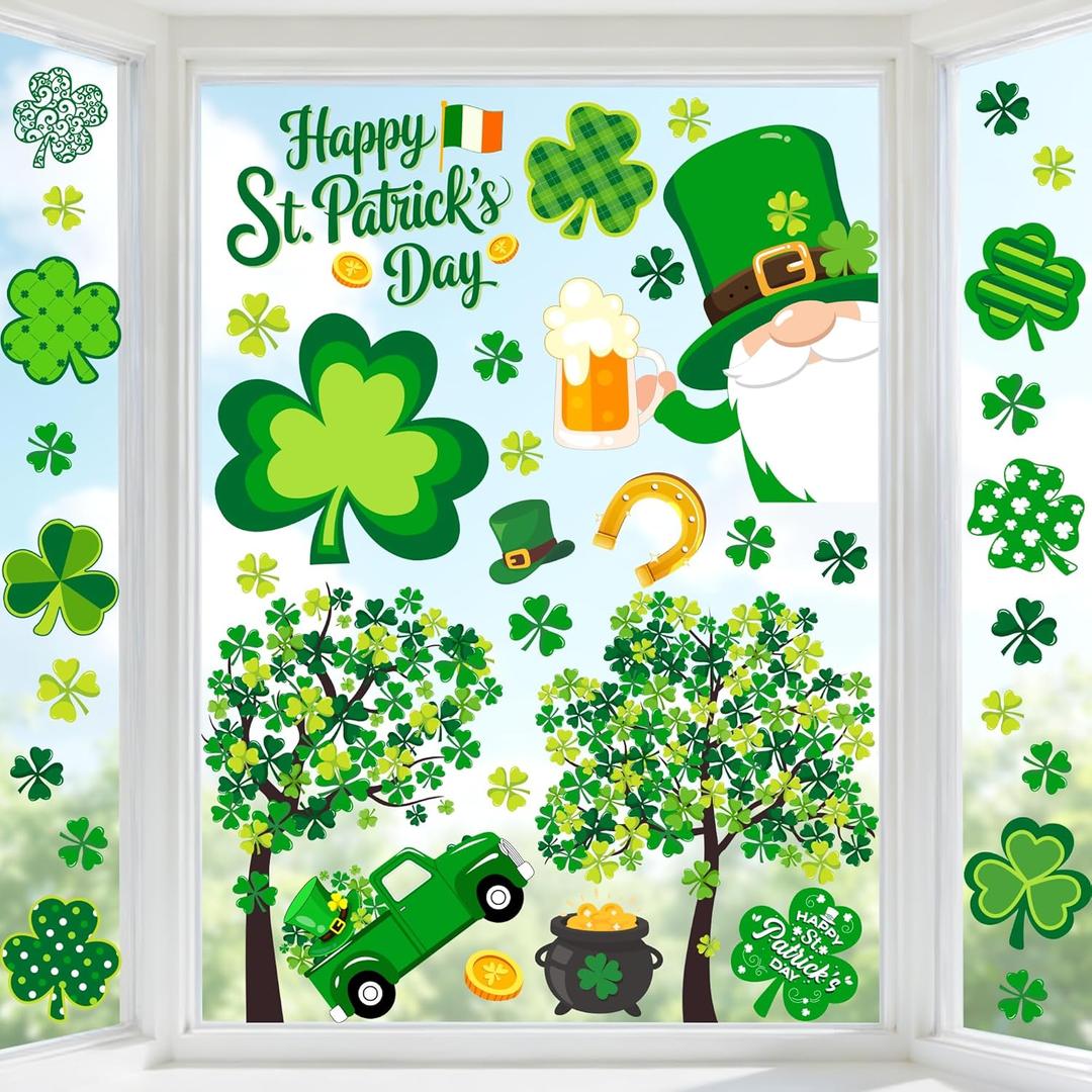 St.Patrick's Day Window Clings, Green Shamrock Window Decals Double-Sided Irish St Patricks Day Decorations Glass Clings for Home School Office Classroom Decor