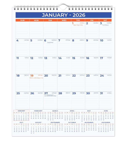 2026 Wall Calendar, Jan–Dec, Large 11" x 17" Hanging Planner, Twin‑Wire Bound, Big Daily Blocks, Holidays, Julian Dates, Sturdy Hanging Hook