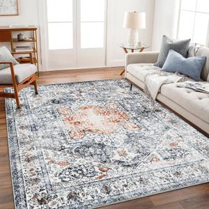 Area Rug 8x10 Washable Rug Orange Gray Vintage Traditional Mat Distressed Indoor Foldable Thin Retro Accent Floral Print Non Slip Carpet Living Room Dining Room Office (Grey and Orange)