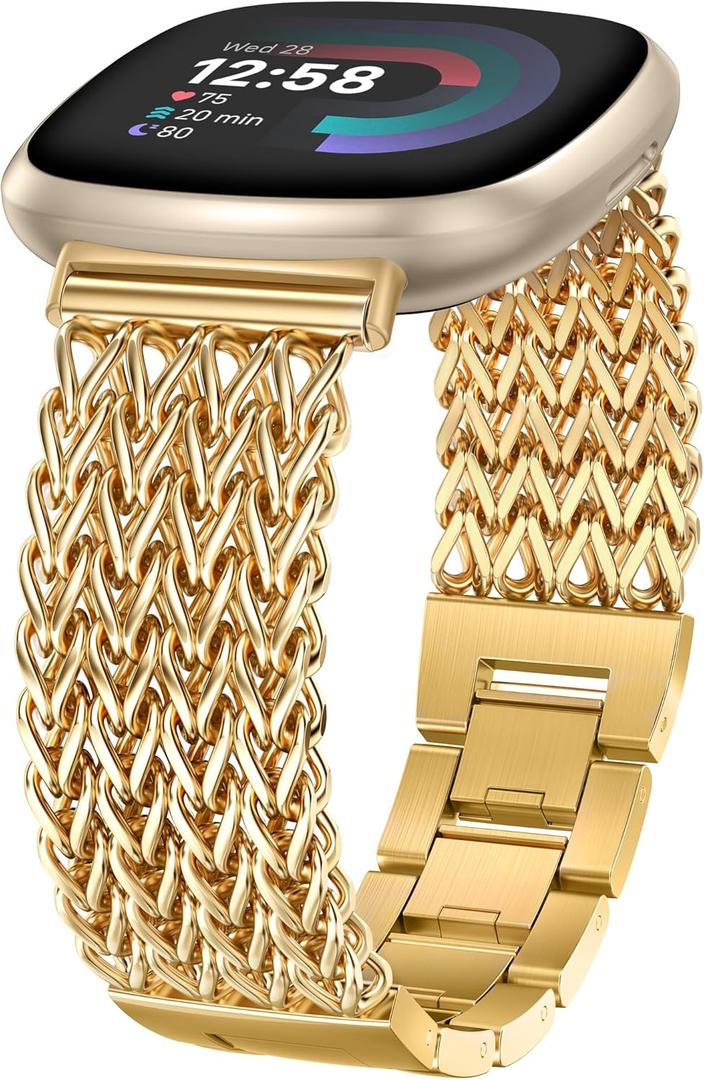 Minyee Metal Bands Compatible with Fitbit Sense 2/Versa 4/Versa 3/Sense Bands Women, Dressy Stainless Steel Multi-chain Designer Luxury Link Bracelet Wristband Replacement Strap (Gold)