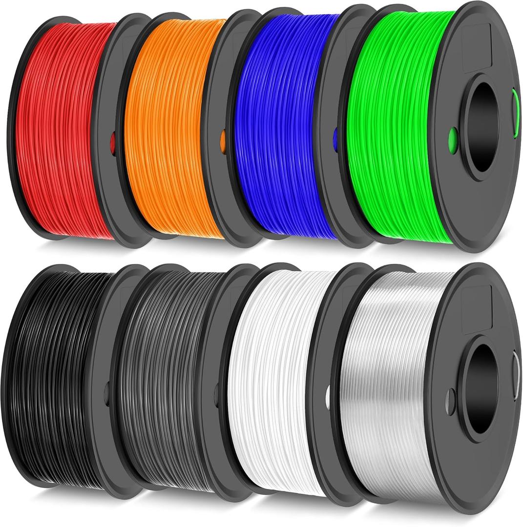 TECBEARS TPU Filament 1.75mm, 95A 3D Printer Filament, Flexible TPU Filament for Fast Printing, 250G Spool, 8 Rolls, 2KG in Total, Black+White+Transparent+Grey+Red+Blue+Green+Orange