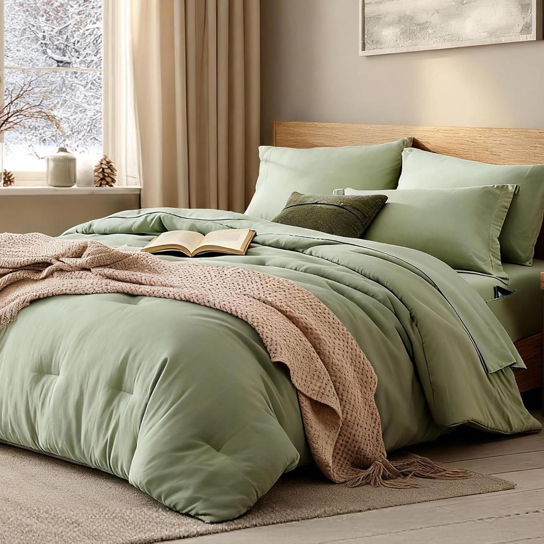WRENSONGE King Size Comforter Set- 7 Pieces Soft Sage Green Bed in a Bag King with Fitted Sheet, Flat Sheet, 2 Pillow Shams, and 2 Pillowcases- Warm Bed Set for All Season