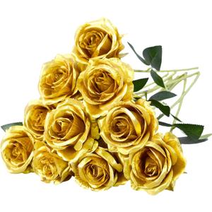 Eternal Blossom 10pcs Gold Rose Artificial Flower,Artificial Rose Silk Flower 50cm Fake Rose Blossom Bridal Bouquet for Home Wedding Decor (Gold)