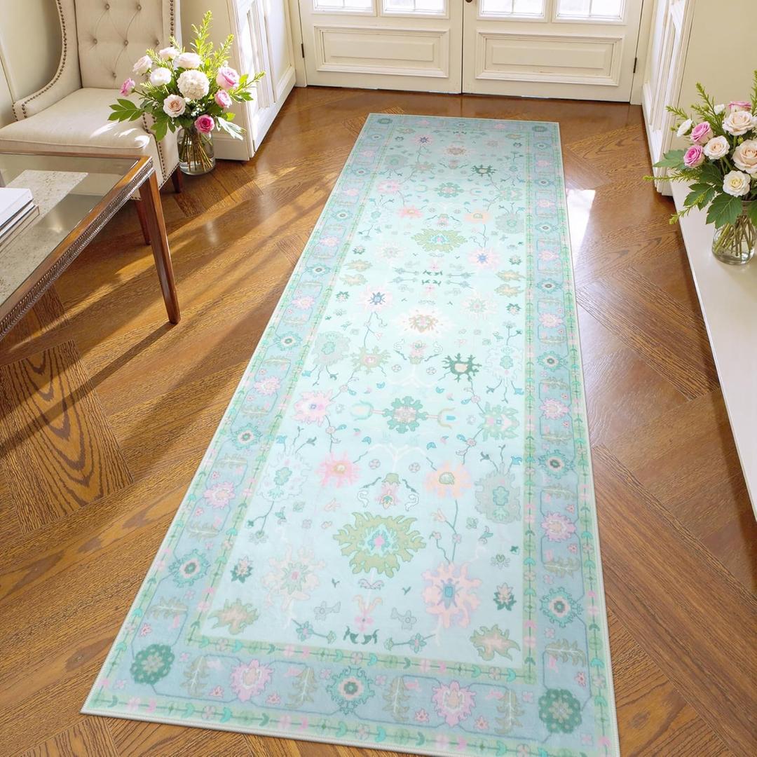 LIVEBOX Modern Oushak Bedroom Runner Rug, Boho Floral 2x6 Runners for Hallways 6ft, Non Slip Washable Soft Rug Kitchen, Ultra Thin Turkish Retro Carpet Runners for Bathroom Entryway, Blue