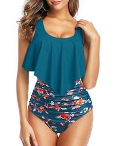 Tempt Me Women Teal Floral Two Piece High Waisted Bikini Swimsuit Ruffle Bathing Suits Tummy Control Tankini XL Tempt Me Women Teal Floral Two Piece High Waisted Bikini Swimsuit Ruffle Bathing Suits Tummy Control Tankini XL