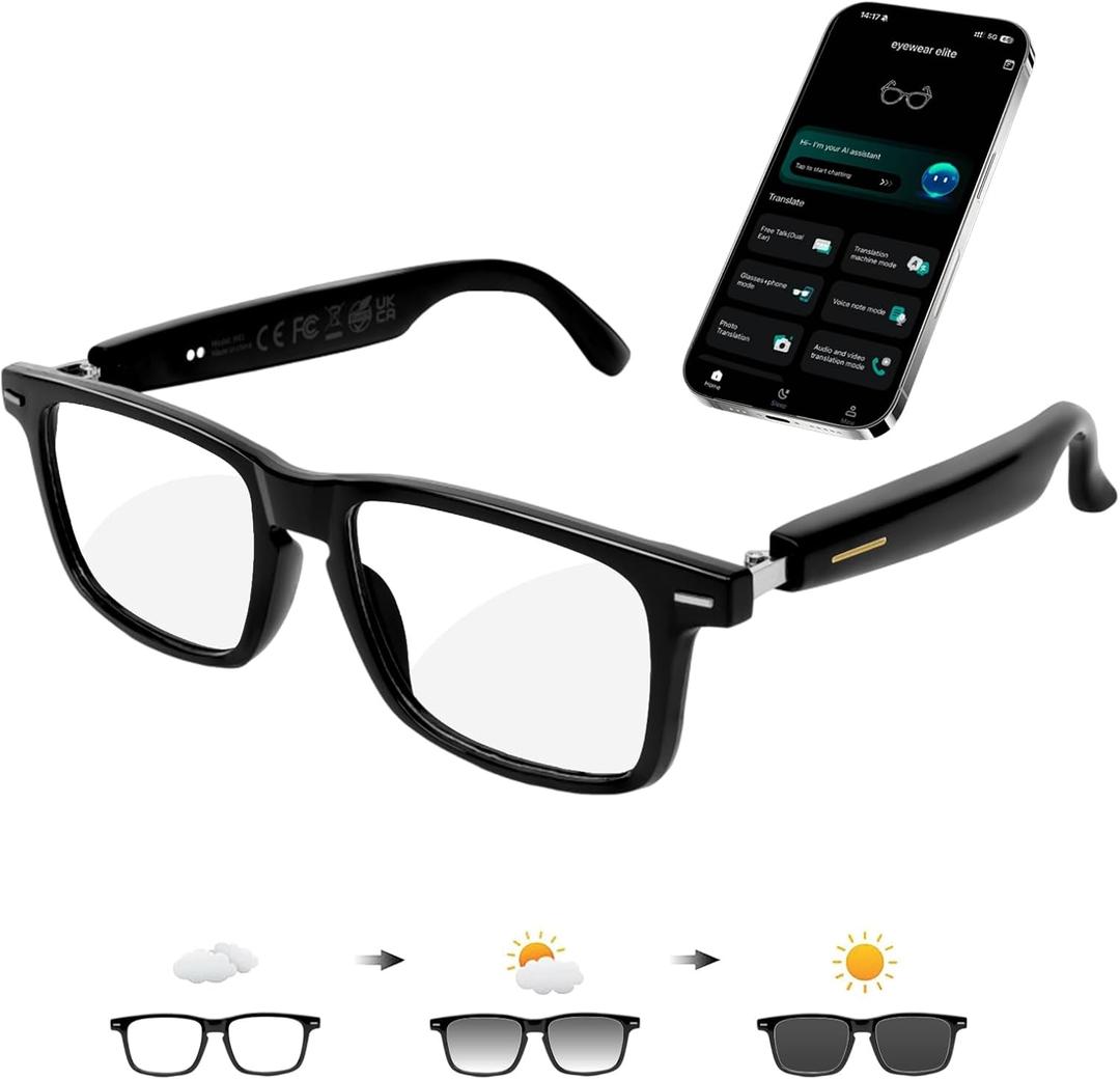 AI Smart Glasses for Men & Women  Powered by ChatGPT, 164+ Languages Translation and Photochromic Lens, Meeting Assistant, Bluetooth Glasses w/ Music & Hands-Free Calling, UV & Blue Light Protection