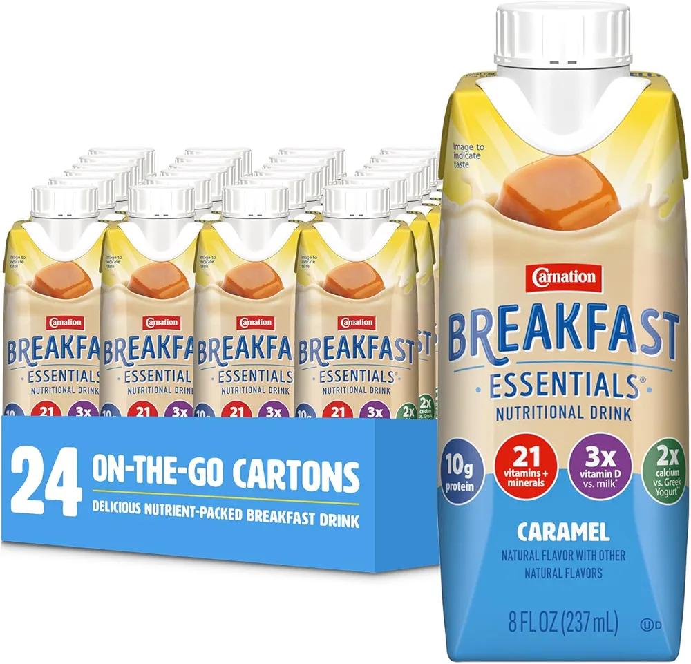 Carnation Breakfast Essentials Original Nutritional Drink, New Caramel Flavor, Ready-to-Drink, 10g Protein, Vitamins D & C, Key Nutrients for Immune Support, Gluten Free, Kosher, 8 FL OZ (24 Pack) (BB: May 27, 2026)