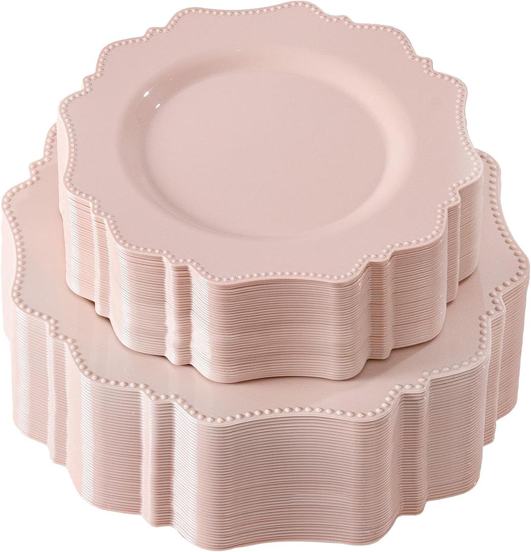 COLOSUS 100 pcs Pink Plastic Plates Set, Nice Disposable Plates,Pink Disposable plates Set for 50 Guest include 50 Dinner Plate 10.5 &50Dessert plates 8.25 for Party,Wedding, Birthday,Mother's Day