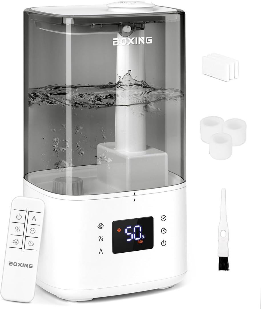 BOXING 6L Warm & Cool Mist Humidifiers for Bedroom, Air Humidfier for Large Room with Remote Control, Auto Mode Perfect for Baby & Plants, Top Fill, Sleep Mode, Timer, Essential Oil Tray, 60H