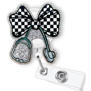 Checkered Bow Stethoscope Badge Reel Retractable for Nurse Nursing RN MA CNA LPN & Medical Worker, Cute Nurse Gifts, Glitter Black and White Checkered Coquette Bow Badge Holder with Alligator Clip