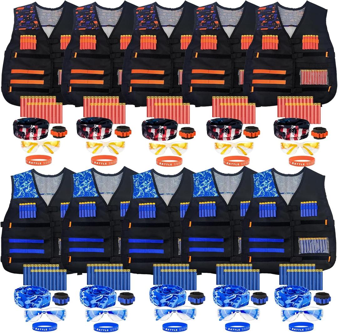 10 Sets Tactical Vest Kit for Nerf Party Supplies Favor, 200 Foam Darts, 10 Protective Goggles & Masks, Wristbands  for Boys Birthday Parties Gifts, Blue and Orange Teams