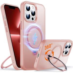 360 O-Ring MagStander for iPhone 13 Pro Case with Magnetic Kickstand Ring Holder [Compatible with MagSafe][360Rotate Stand Ring][Military Shockproof] iPhone 13 Pro Phone Cover Matte Pink
