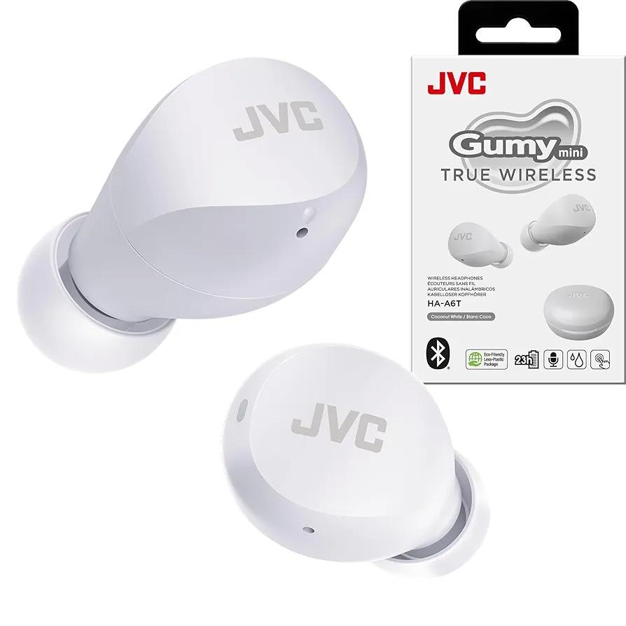 JVC Compact and Lightweight Gumy Mini True Wireless Earbuds Headphones, Long Battery Life (up to 23 Hours), Sound with Neodymium Magnet Driver, Water Resistance (IPX4) - HAA6TW (White)