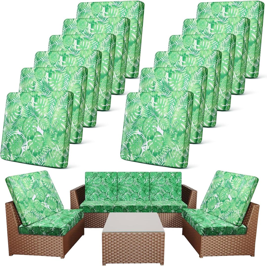 Newwiee 12 Pcs Patio Cushion Covers Outdoor Stretch Sofa Couch Cover Replacement Couch Slipcover Sofa Seat Chair Porch Patio Furniture Protector, Flexibility Washable(Green,Monstera)