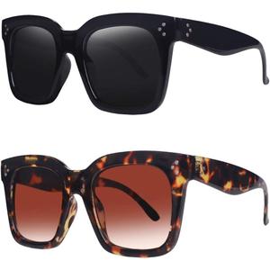 Vintage Women Oversized Sunglasses Designer Luxury Square Sun Glasses UV400 Protection Flat Lens ((2 Pack) Black Frame Grey Lens+tortoise Frame Gradient Brown Lens)
